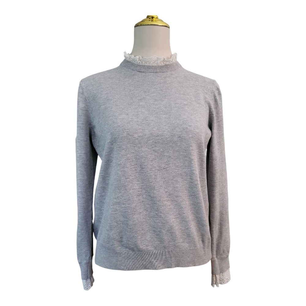 Ted Baker Sweater Womens Size 3‎ Gray Kaytiie Broderie Lace Collar & Cuff Knit